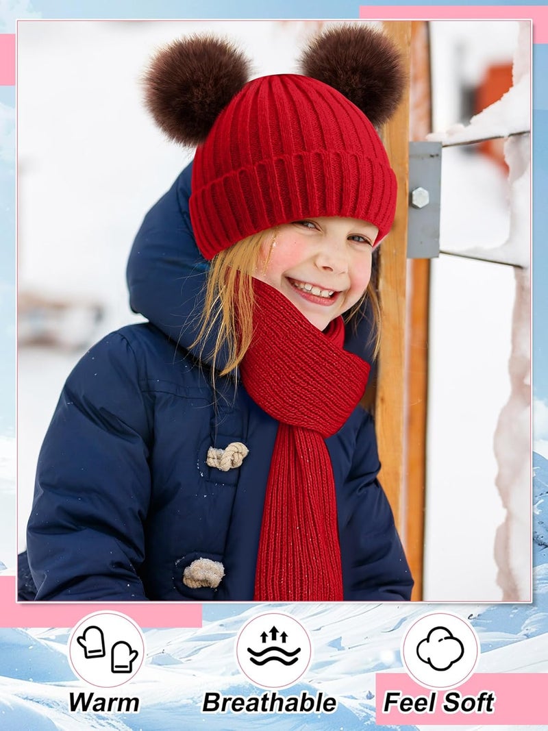 JaGely 2 Sets Kids Winter Hat Gloves Scarf Set Girls and Boys Knit Hat with Pom Warm Scarf Snow Gloves for 3-10 Years Toddler - Image 5